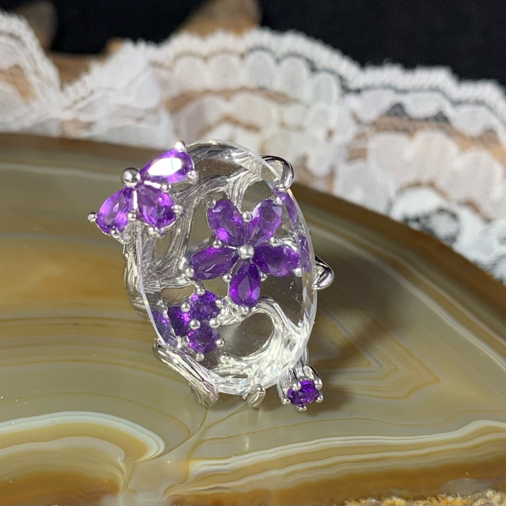 Ross-Simons Sterling Silver Amethyst Crystal Floral Ring,Size 8